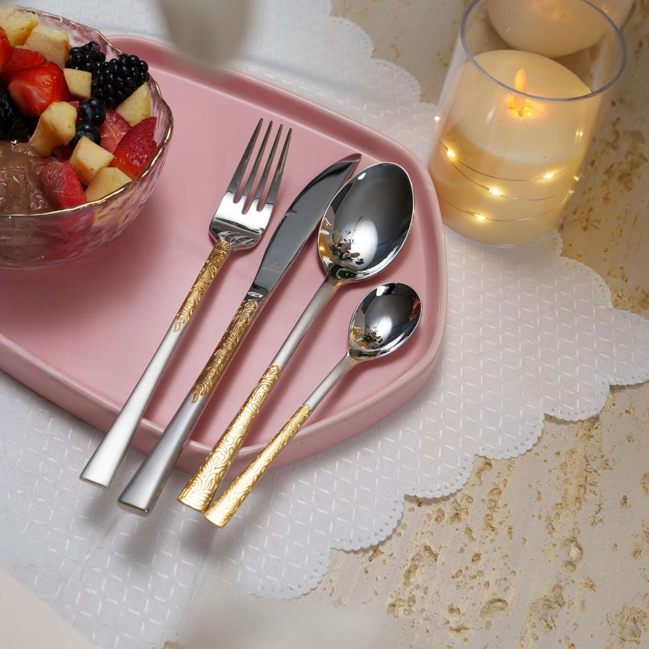 طقم أدوات مائدة من الفولاذ المقاوم للصدأ من أرشيا، 86 قطعة، ذهبي وفضي، TM762GS - الصورة 11