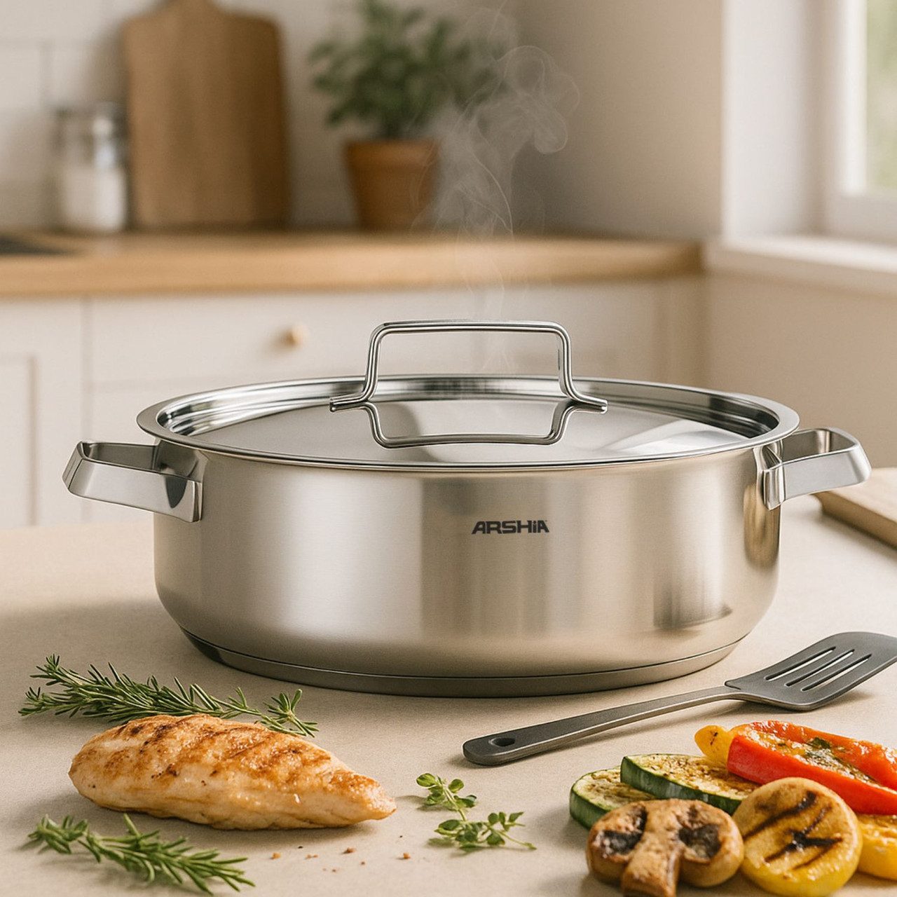 مقلاة أرشيا الضحلة المصنوعة من الفولاذ المقاوم للصدأ مقاس 28 سم مع غطاء - الصورة 2