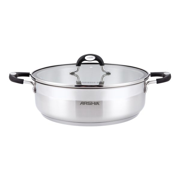 مقلاة أرشيا 24 سم من الفولاذ المقاوم للصدأ بمقبض مزدوج وغطاءين