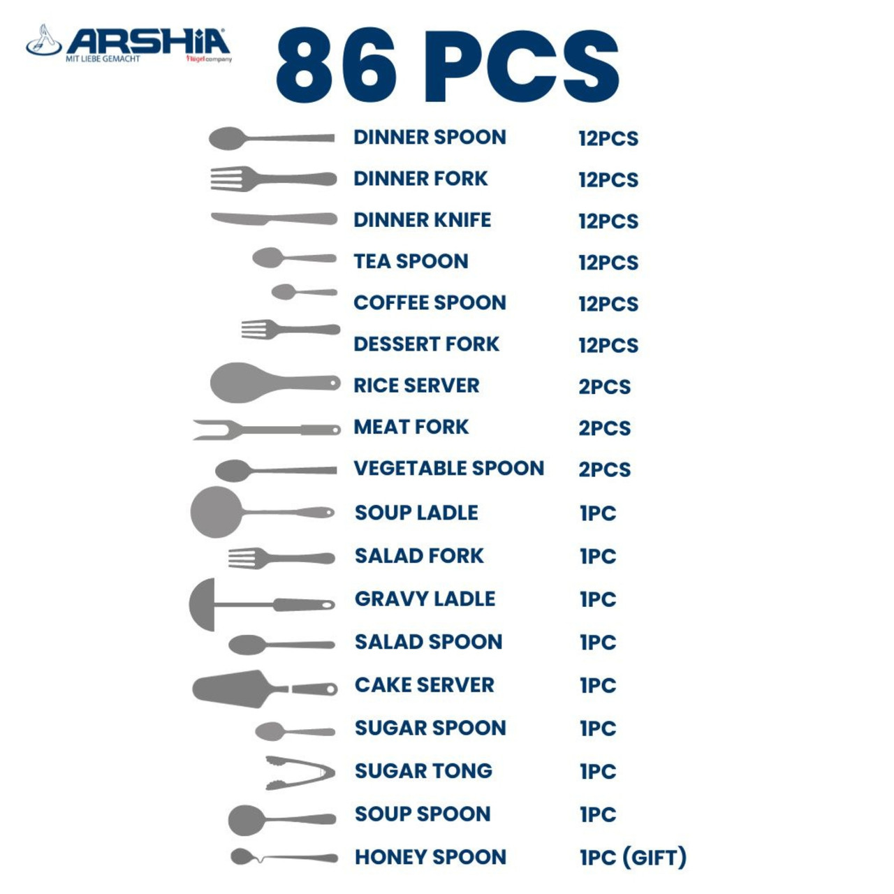 طقم أدوات مائدة من الفولاذ المقاوم للصدأ من أرشيا، 86 قطعة، ذهبي وفضي، TM762GS - الصورة 5
