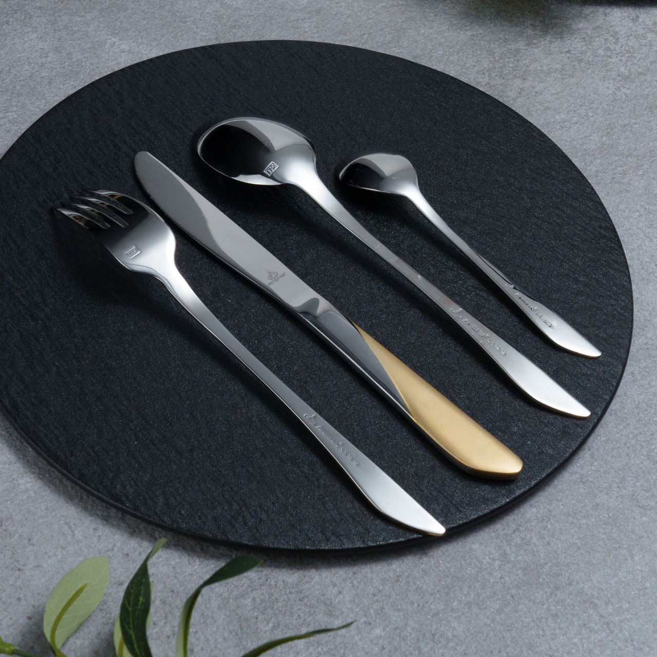 طقم أدوات مائدة أرشيا من الفولاذ المقاوم للصدأ، 48 قطعة، ذهبي وفضي - الصورة 2