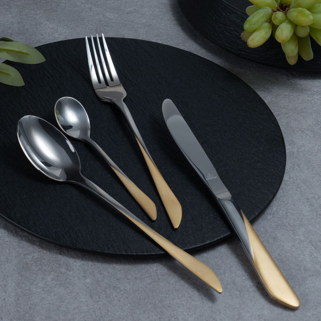 طقم أدوات مائدة أرشيا من الفولاذ المقاوم للصدأ، 48 قطعة، ذهبي وفضي - الصورة 3