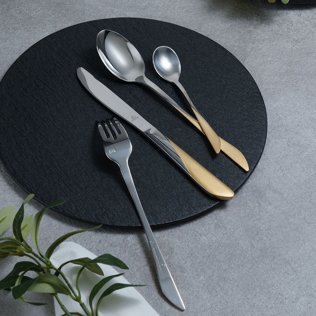 طقم أدوات مائدة أرشيا من الفولاذ المقاوم للصدأ، 48 قطعة، ذهبي وفضي - الصورة 4
