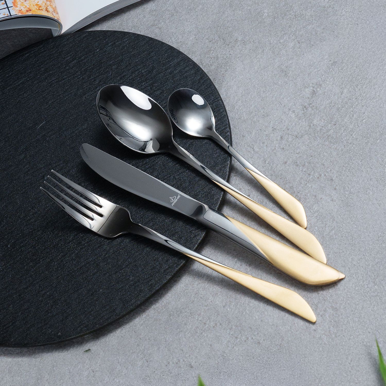 طقم أدوات مائدة أرشيا من الفولاذ المقاوم للصدأ، 48 قطعة، ذهبي وفضي - الصورة 6