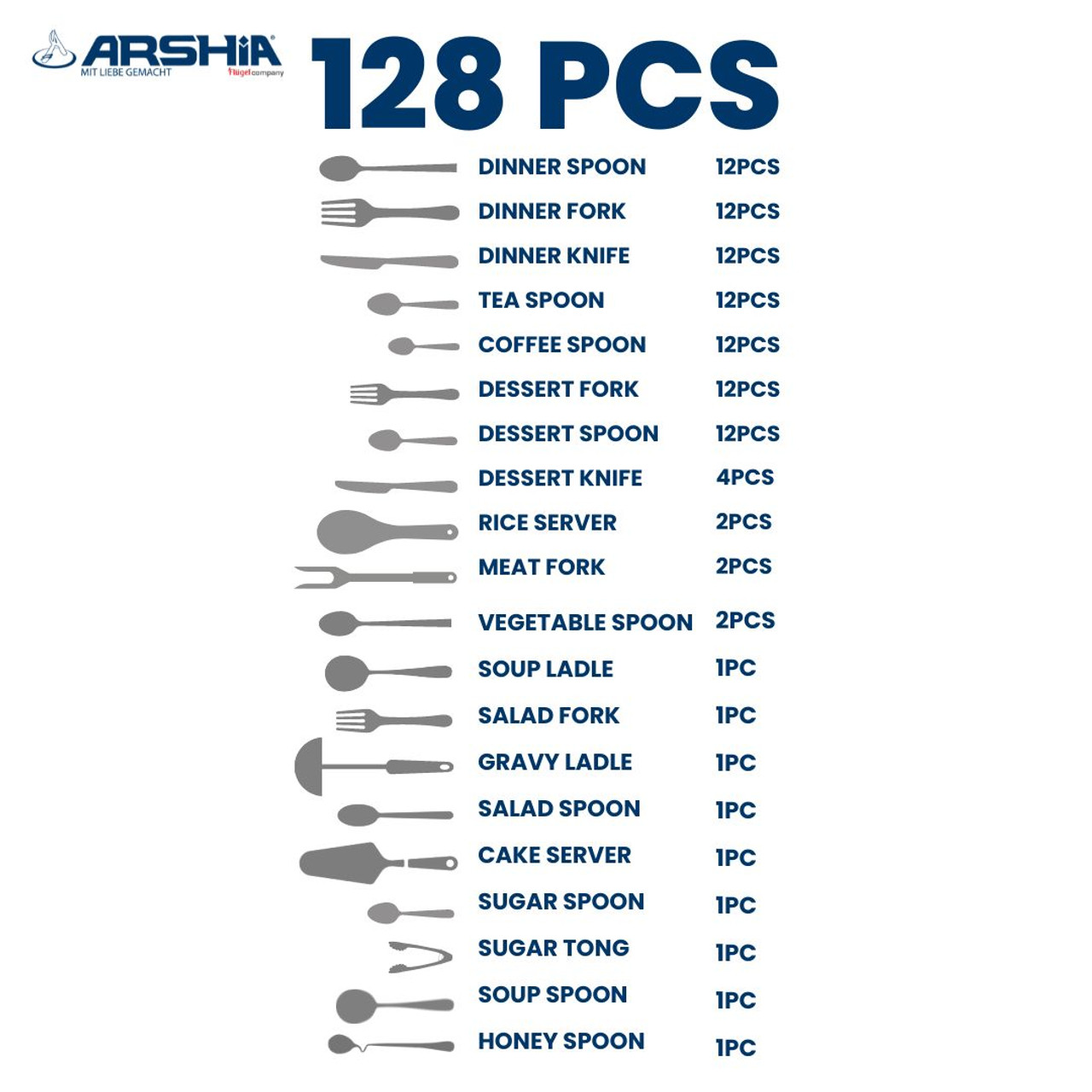 طقم أدوات مائدة أرشيا من الفولاذ المقاوم للصدأ مع علبة خشبية، 128 قطعة، ذهبي، TM1401GS - الصورة 2