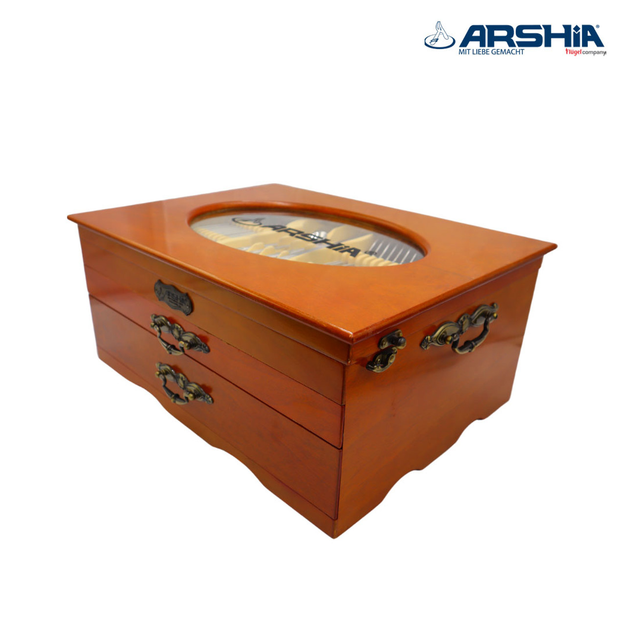 طقم أدوات مائدة أرشيا من الفولاذ المقاوم للصدأ مع علبة خشبية، 128 قطعة، ذهبي، TM1401GS - الصورة 3