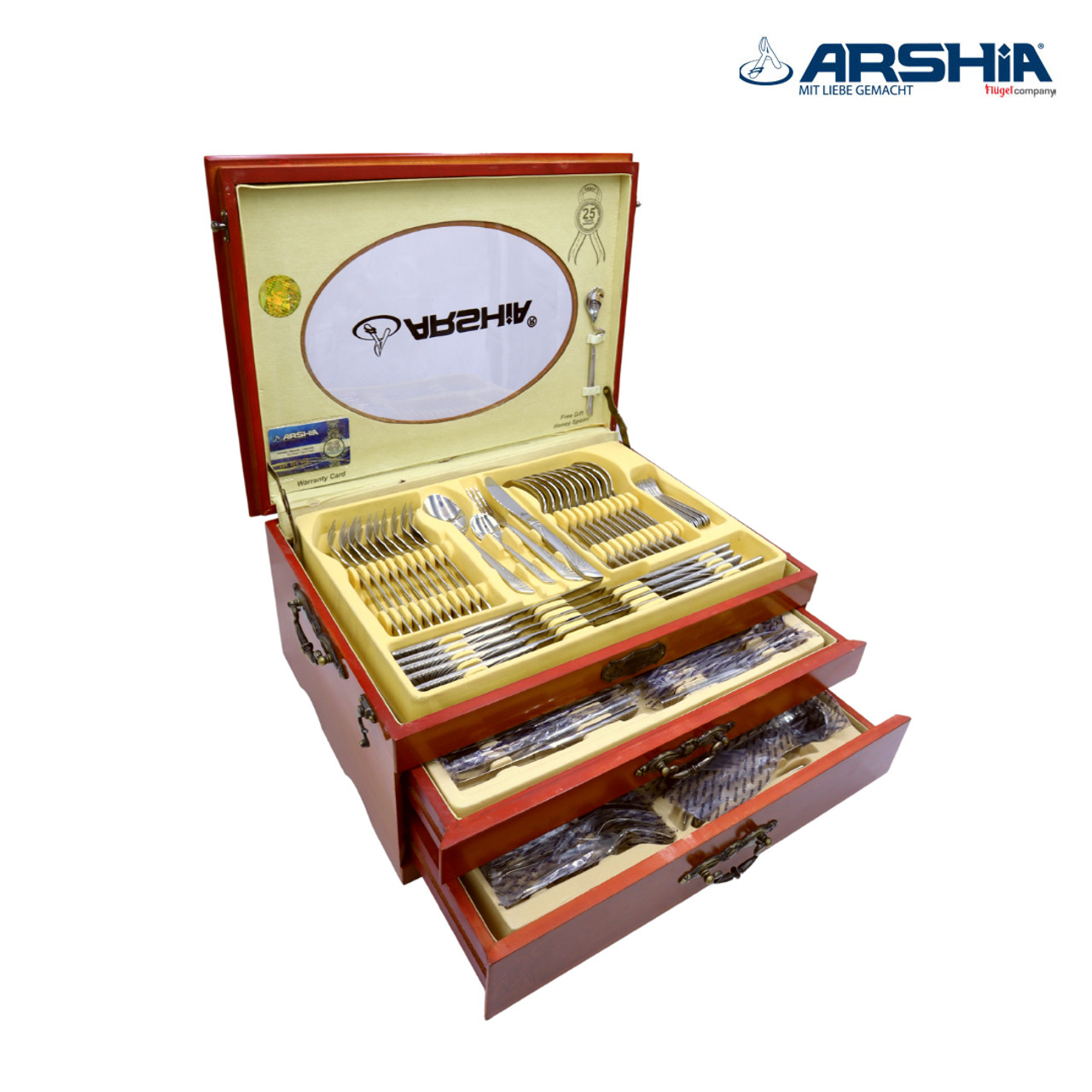 طقم أدوات مائدة أرشيا من الفولاذ المقاوم للصدأ مع علبة خشبية، 128 قطعة، ذهبي، TM1401GS - الصورة 4