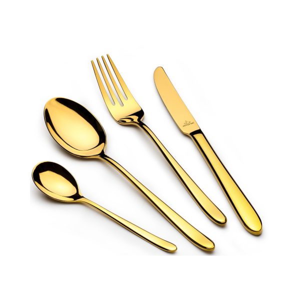 طقم أدوات مائدة أرشيا من الفولاذ المقاوم للصدأ مع علبة خشبية، 128 قطعة، ذهبي، TM1401G