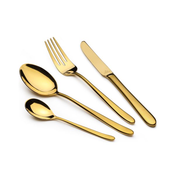 طقم أدوات مائدة أرشيا من الفولاذ المقاوم للصدأ مع علبة خشبية، 128 قطعة، ذهبي، TM1401GS