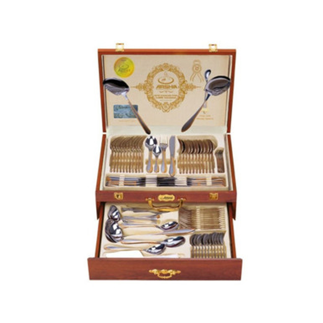 طقم أدوات مائدة أرشيا من الفولاذ المقاوم للصدأ بعلبة خشبية، 133 قطعة، ذهبي وفضي - الصورة 4