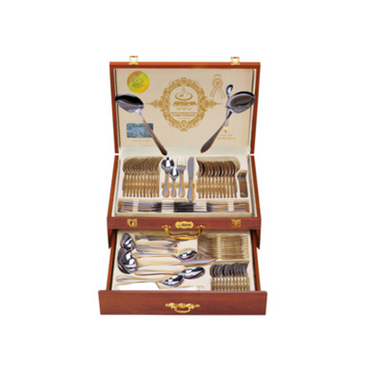 طقم أدوات مائدة من الفولاذ المقاوم للصدأ بعلبة خشبية من أرشيا، 133 قطعة، ذهبي وفضي، TM1401G - الصورة 2